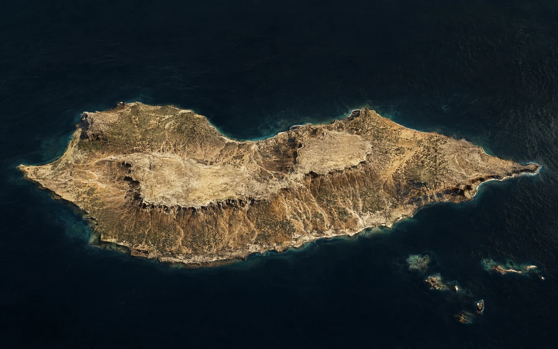 Interpretive oblique relief of Socotra's limestone plateaus and deeply cut wadis in the Arabian Sea