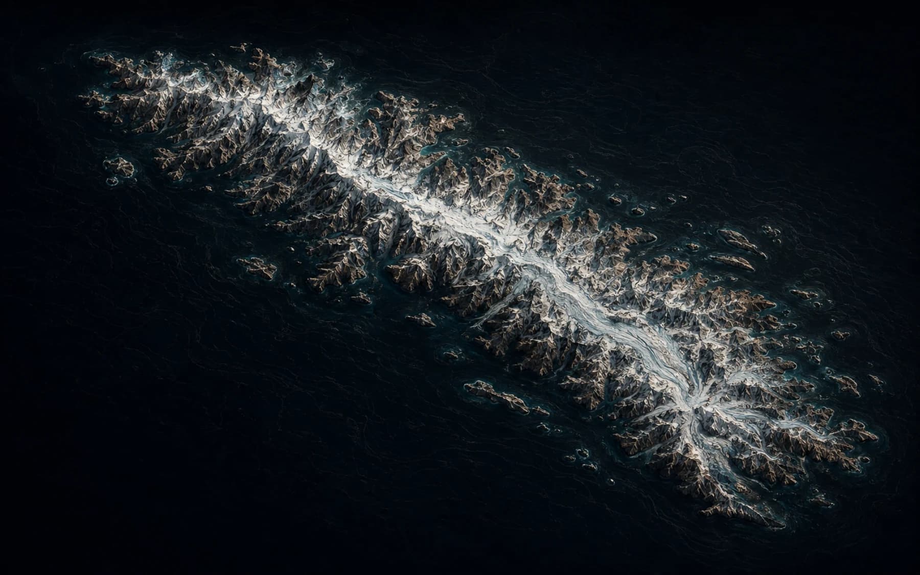 Interpretive oblique relief of South Georgia's mountainous, glaciated coast in the South Atlantic